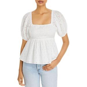 NWT Aqua Womens Eyelet Babydoll Puff-Sleeve Pullover Top Blouse